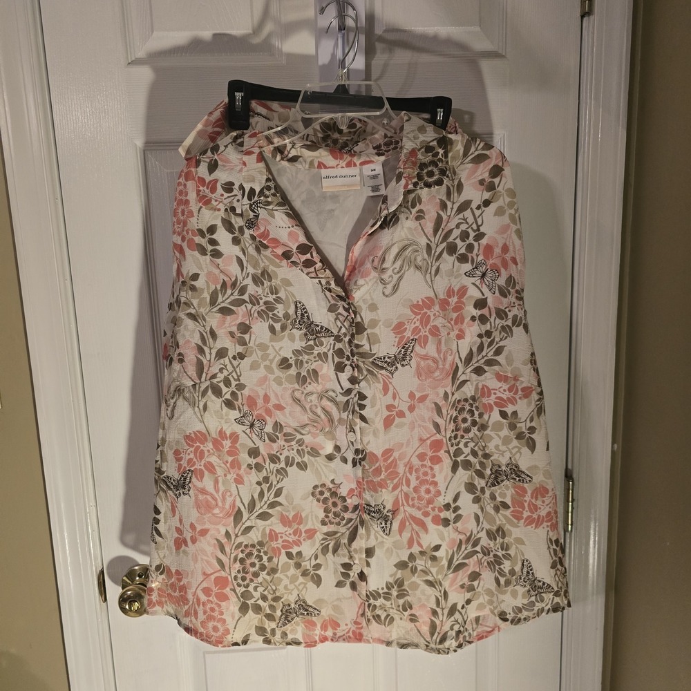 Alfred Dunner Womens 24W Skirt Set Floral Butterfly Coral Tan 2 Piece Ensemble